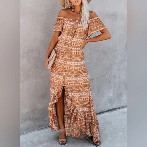 VICI Bohemian Off-Shoulder Maxi Dress - Brown Tan High Low Ruffle Boho Festival - Picture 1 of 13